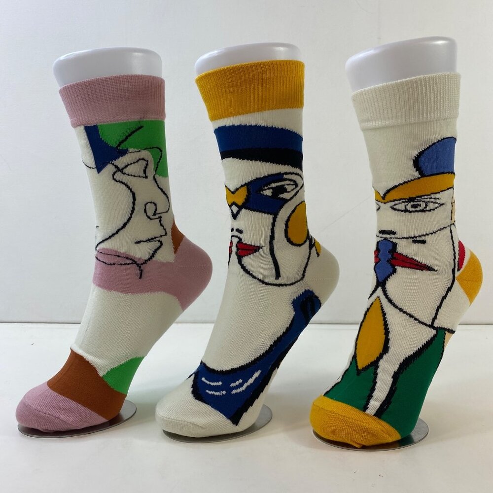 Unisex Crew Socks Set 3 Abstract Art Design Cream Pink Yellow Blue Green Black